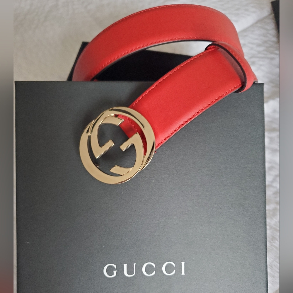 Gucci Red Leather Belt with Silver Buckle